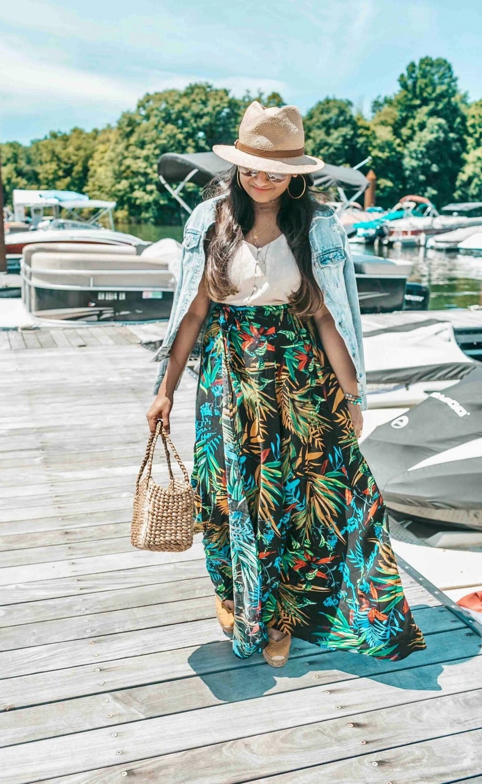 Denim jacket with tropical print maxi skirt Denim jacket with tropical print maxi skirt — Tropical Outfits