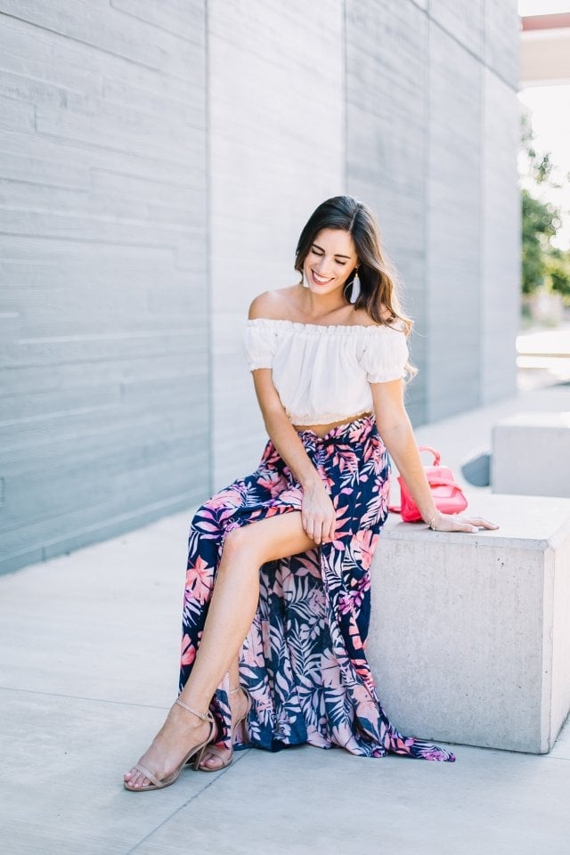 White off-the-shoulder crop top and navy maxi skirt White off-the-shoulder crop top and navy maxi skirt — Tropical Outfits
