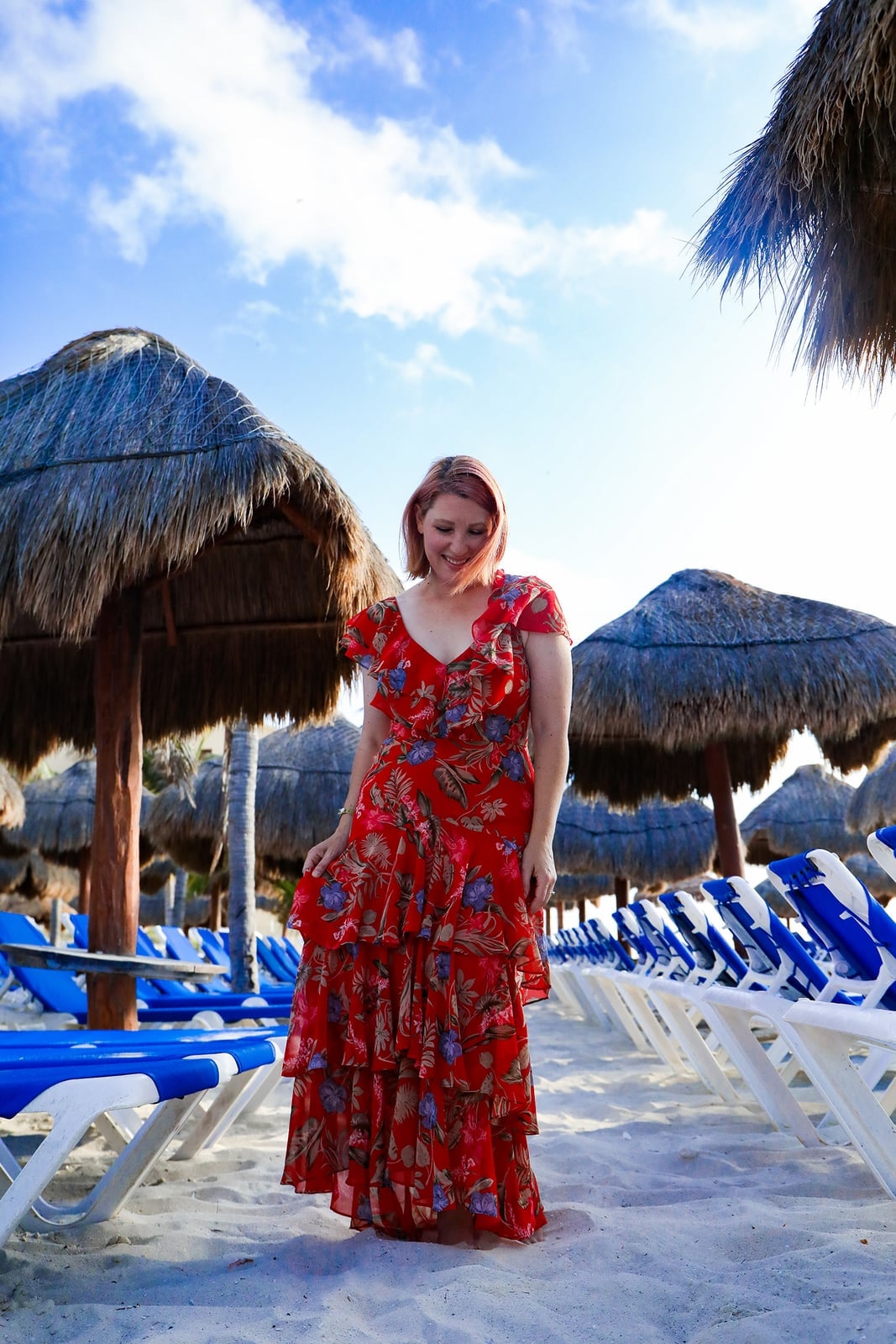 Red tiered maxi dress with tropical floral print, Close-Up Take Red tiered maxi dress with tropical floral print, Close-Up Take — Tropical Outfits