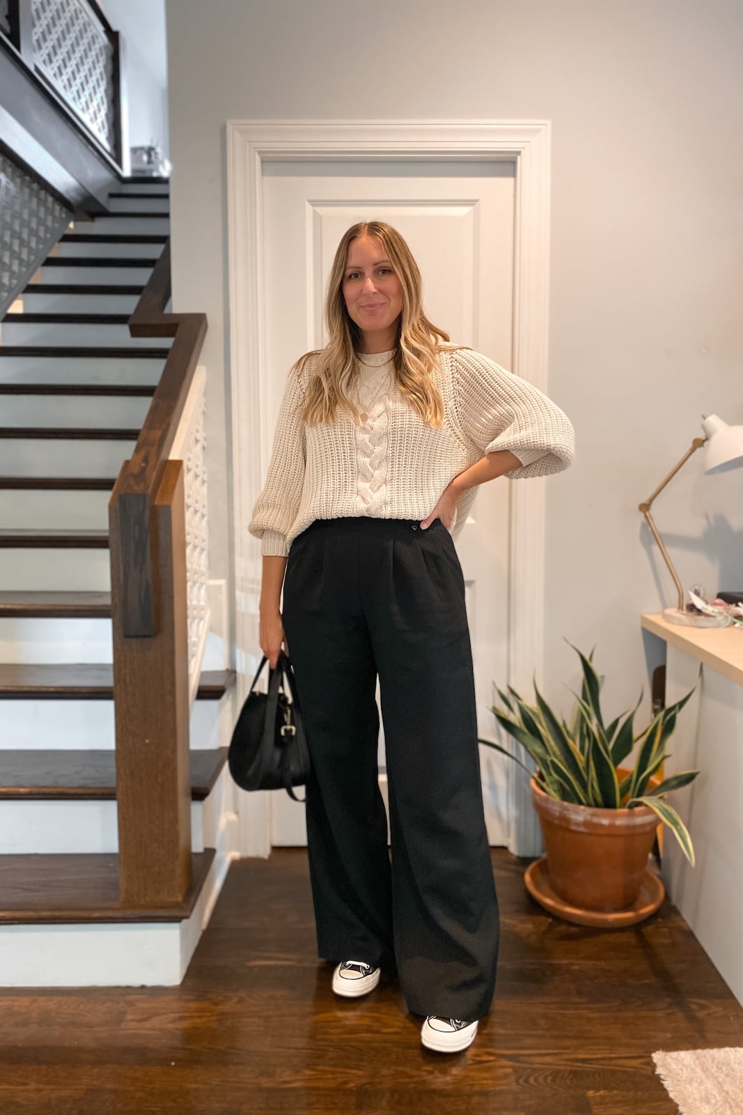 Chunky knit sweater elevates black wide-leg trousers Chunky knit sweater elevates black wide-leg trousers — Trouser Outfits