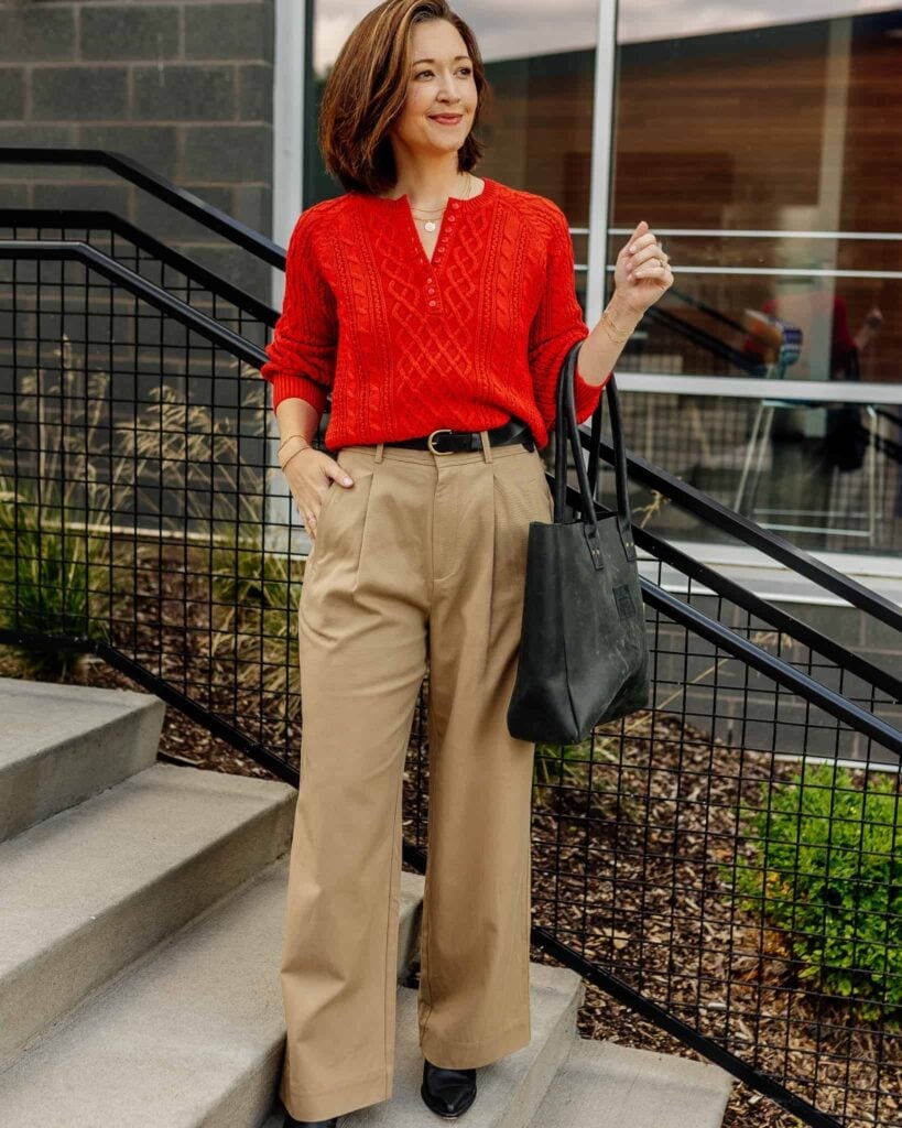 Camel wide-leg trousers with a vibrant red sweater Camel wide-leg trousers with a vibrant red sweater — Trouser Outfits