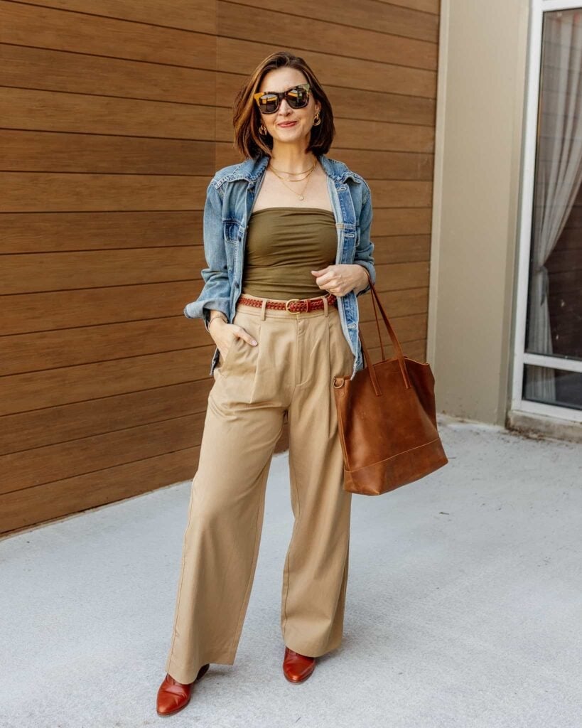 Khaki wide-leg trousers styled with a denim jacket, Brown Woven Belt Khaki wide-leg trousers styled with a denim jacket, Brown Woven Belt — Trouser Outfits