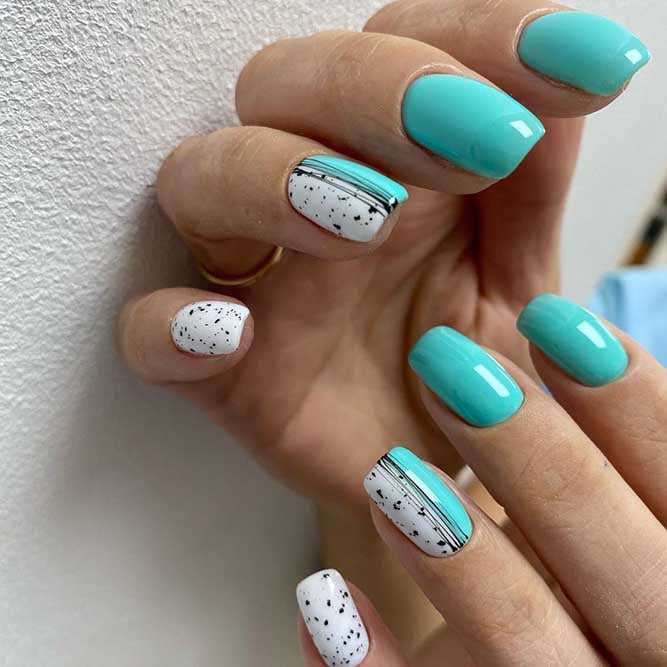 Turquoise Nails with Black Speckle and Lines Turquoise Nails with Black Speckle and Lines