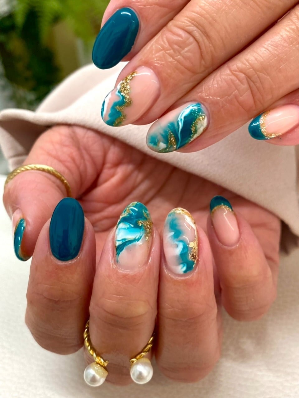 Teal and Nude Swirls with Gold Foil Nails Teal and Nude Swirls with Gold Foil Nails — Turquoise Nails