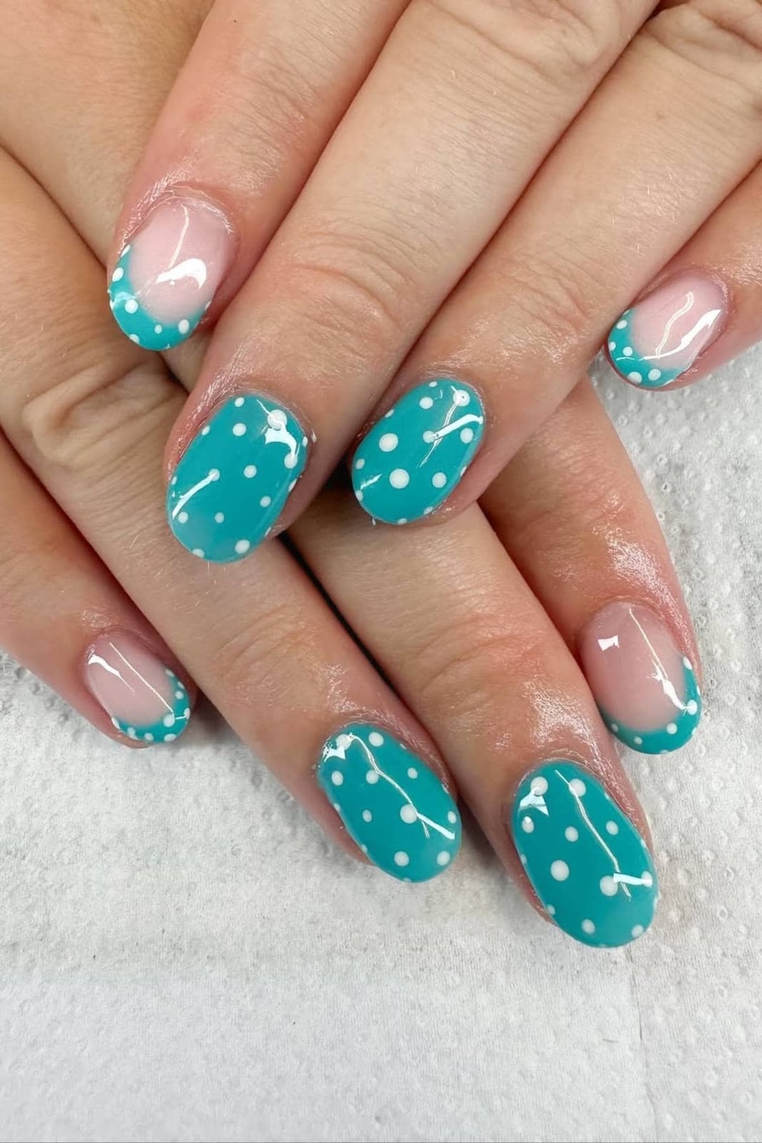 Turquoise with White Polka Dots and French Tips Turquoise with White Polka Dots and French Tips — Turquoise Nails