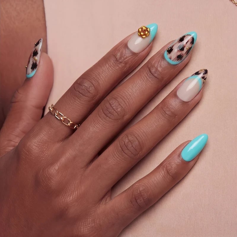 Turquoise French Tips with Leopard Print Long Almond Nails Turquoise French Tips with Leopard Print Long Almond Nails — Turquoise Nails