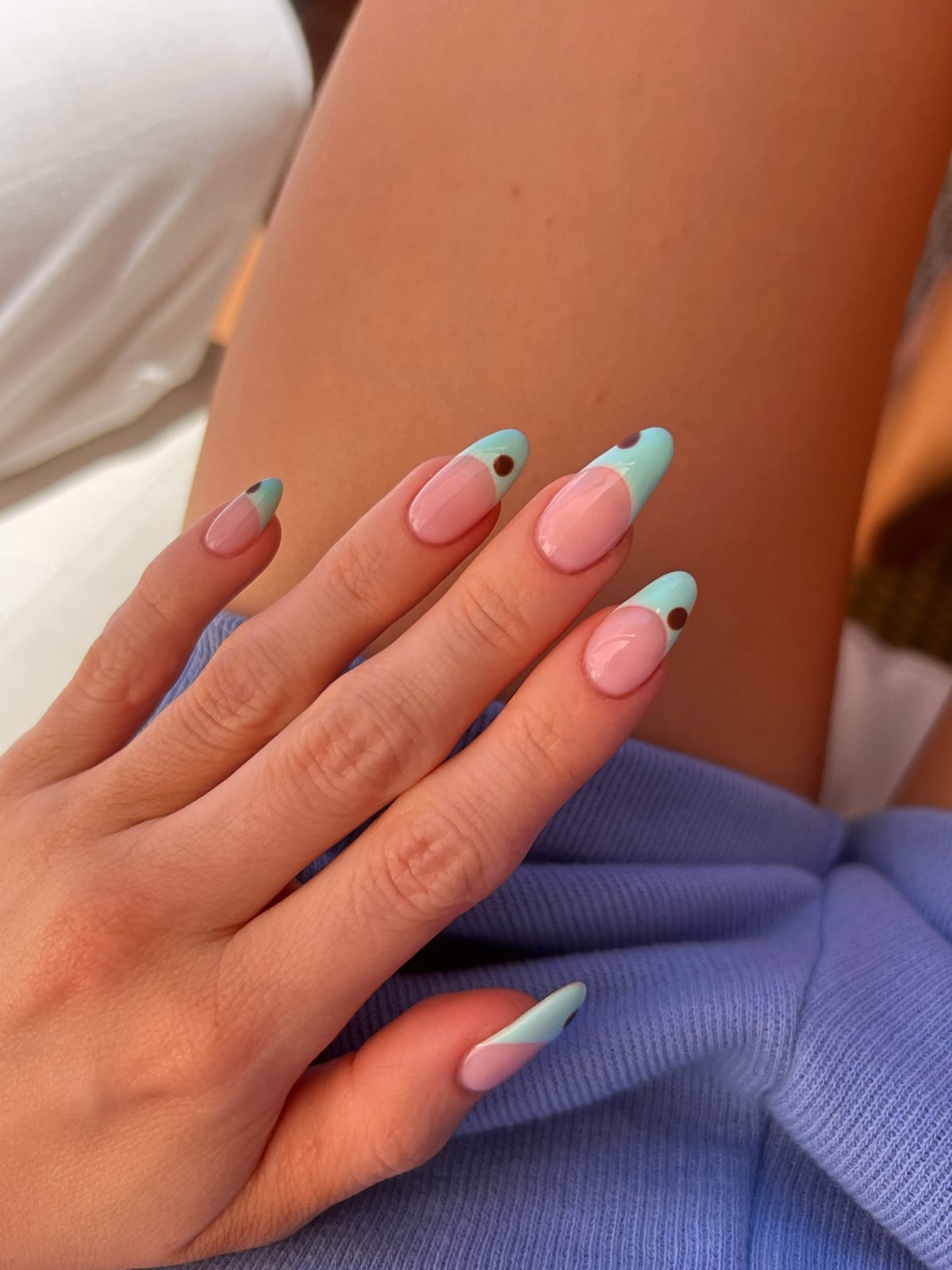 Blue and Brown Stripe French Medium Almond Nails Blue and Brown Stripe French Medium Almond Nails — Turquoise Nails