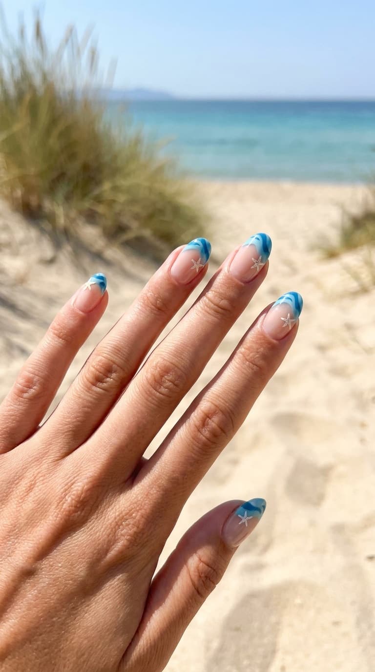 Wavy Blue and White French Tip Almond Nails Wavy Blue and White French Tip Almond Nails — Turquoise Nails