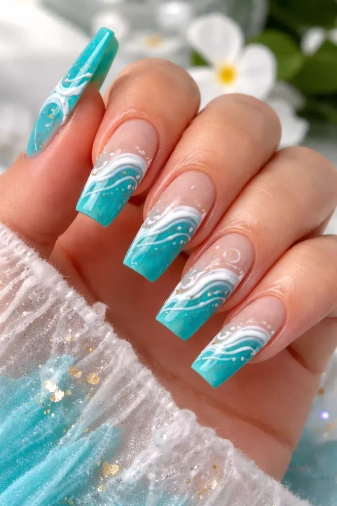 Turquoise and White Wave Long Square Nails Turquoise and White Wave Long Square Nails — Turquoise Nails