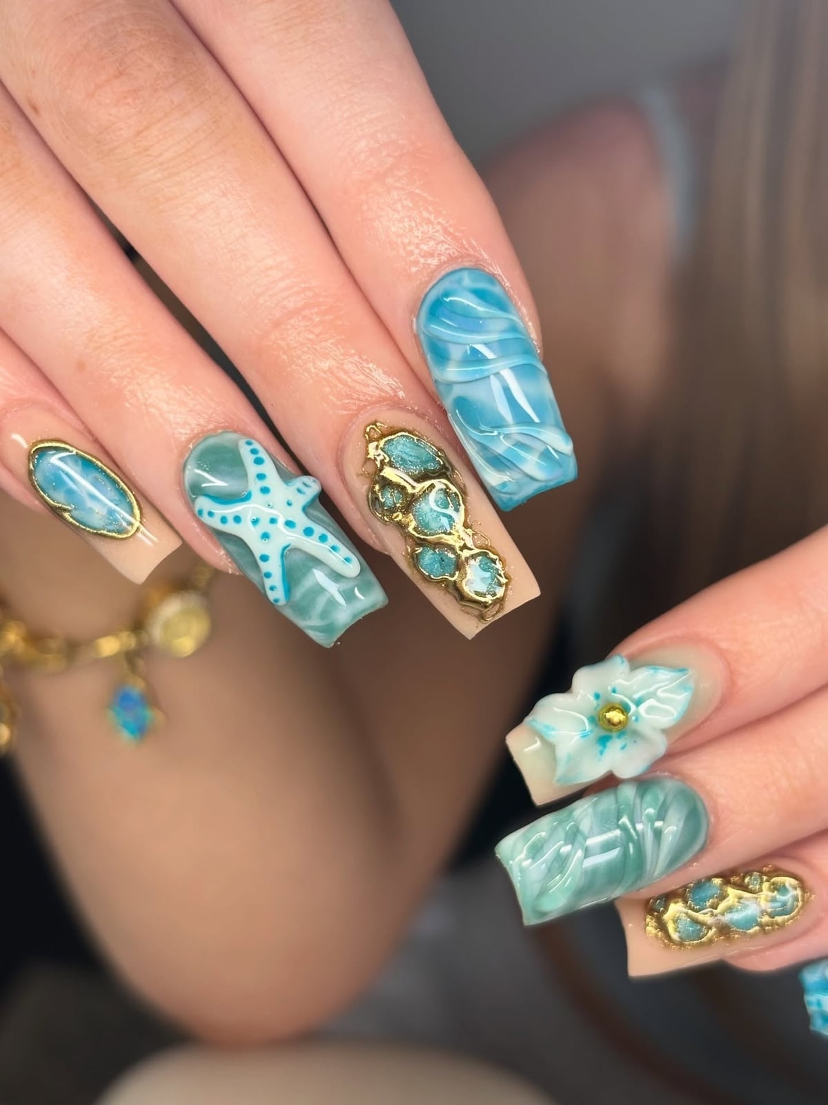 Long Square Nails with 3D Beach Accents Long Square Nails with 3D Beach Accents — Turquoise Nails
