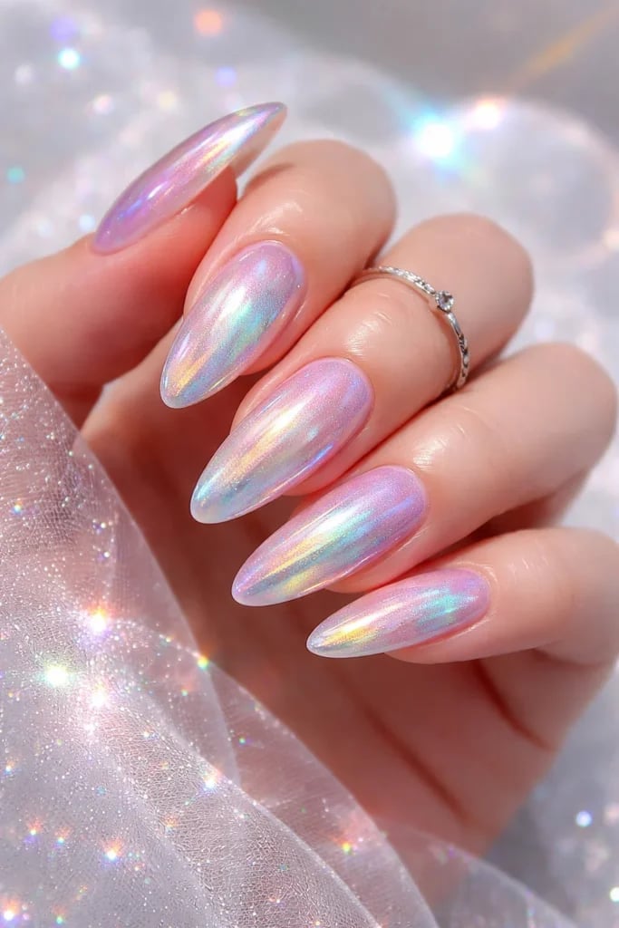 Long Oval Milky Iridescent Nails Long Oval Milky Iridescent Nails — Unicorn Nails