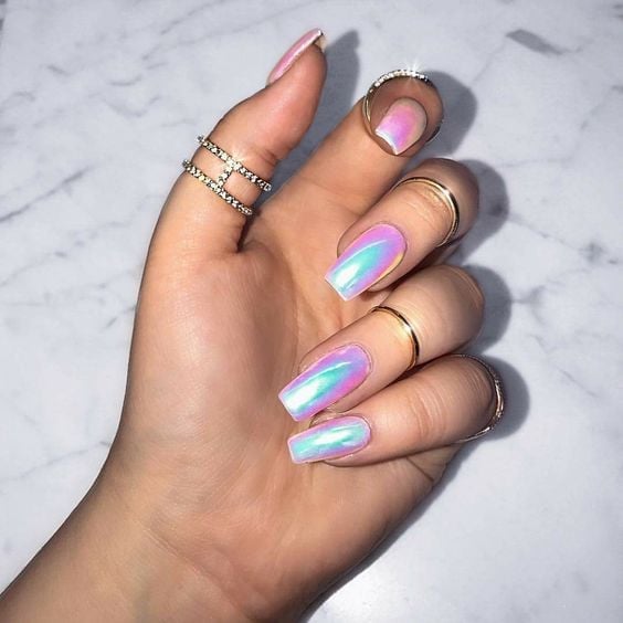 Medium Square Pink Blue Green Chrome Shift Medium Square Pink Blue Green Chrome Shift — Unicorn Nails