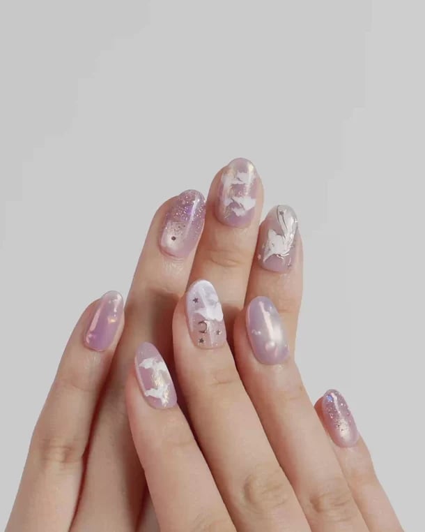 Short Almond Pink Purple White Swirls Short Almond Pink Purple White Swirls — Unicorn Nails