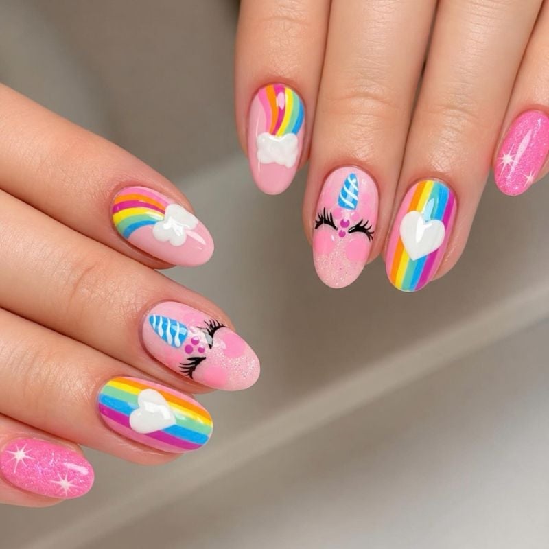 Medium Oval Pink Unicorn Rainbow Heart Art Medium Oval Pink Unicorn Rainbow Heart Art — Unicorn Nails