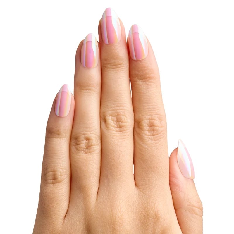 Short Almond Pale Pink Iridescent Stripes Short Almond Pale Pink Iridescent Stripes — Unicorn Nails