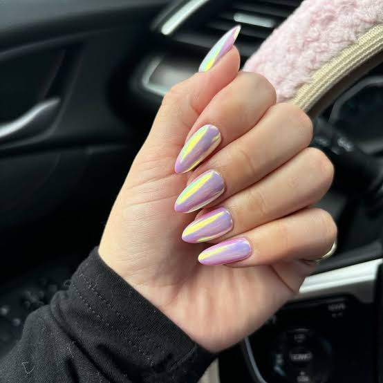 Medium Almond Pink Yellow Blue Chrome Medium Almond Pink Yellow Blue Chrome — Unicorn Nails