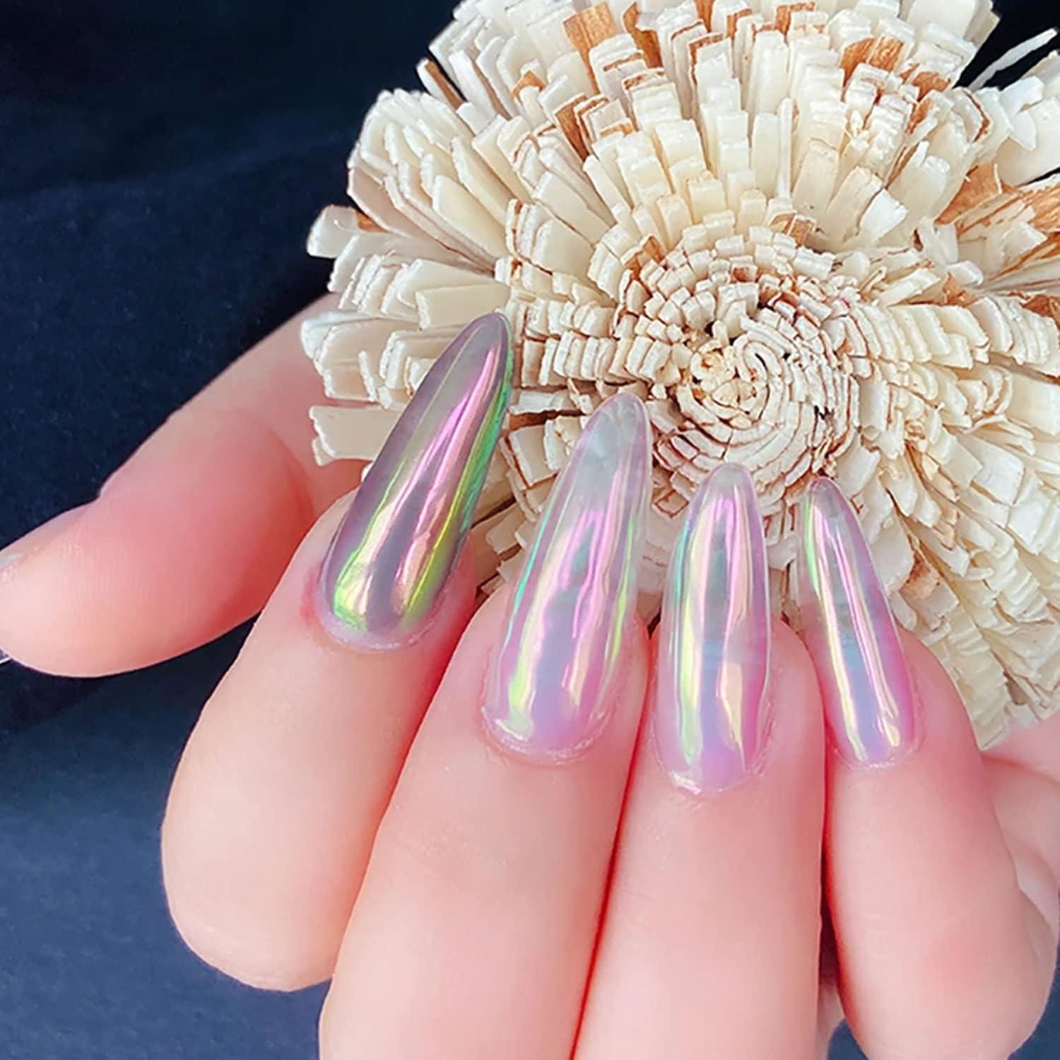 Long Almond Pink Green Yellow Milky Chrome Long Almond Pink Green Yellow Milky Chrome — Unicorn Nails