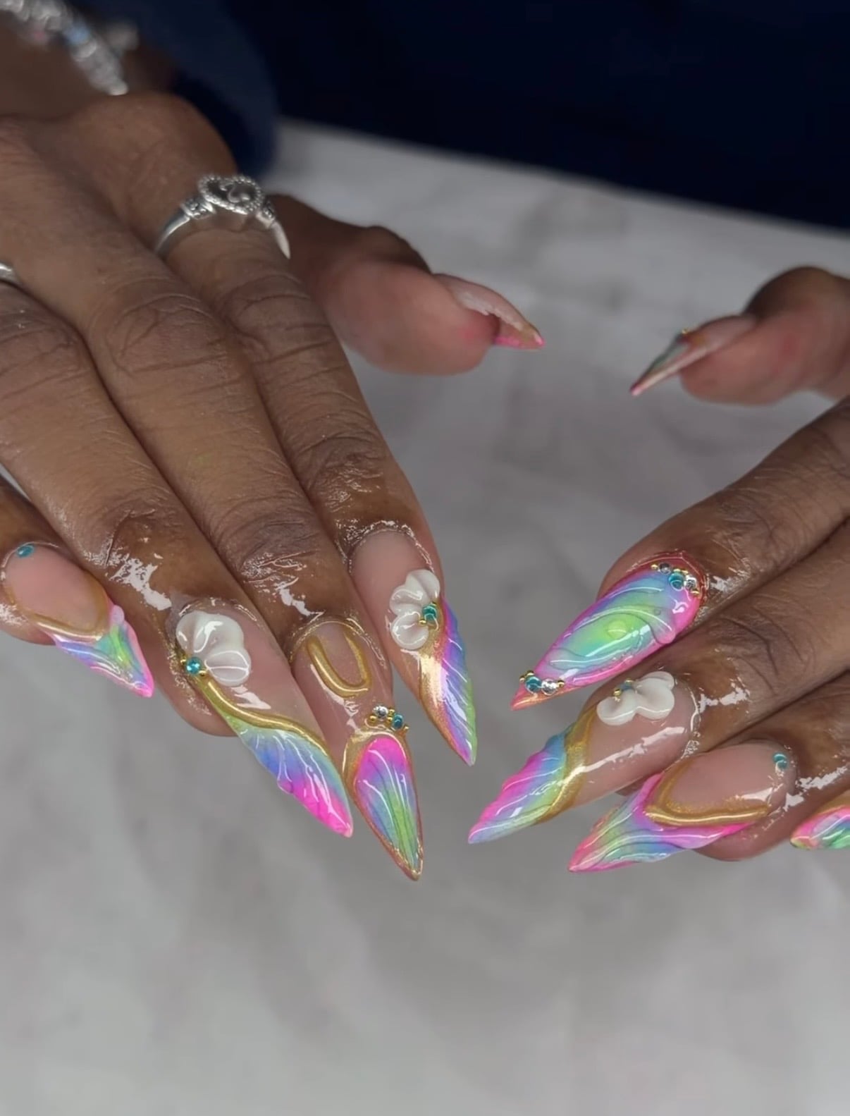 Long Stiletto Lilac Aqua Pearlescent Chrome Long Stiletto Lilac Aqua Pearlescent Chrome — Unicorn Nails