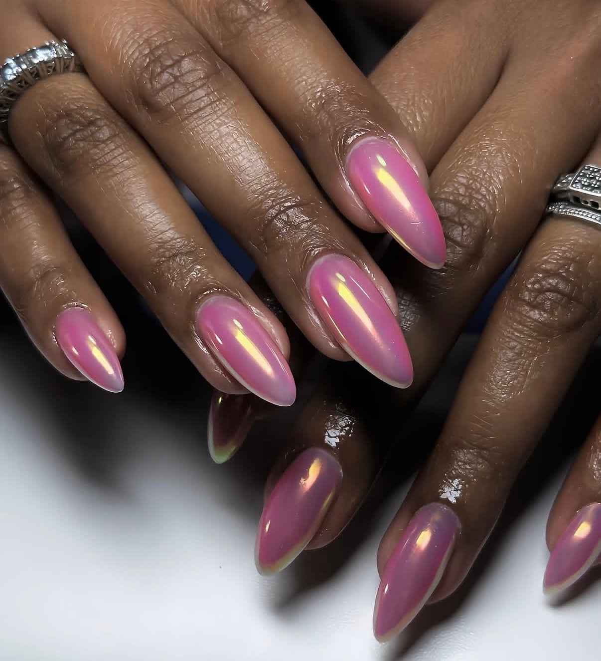 Long Almond Pink Green Yellow Milky Chrome Long Almond Pink Green Yellow Milky Chrome — Unicorn Nails