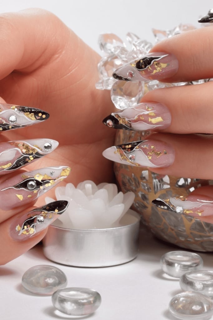 Abstract Gold Foil Wavy Lines Long Stiletto Nails Abstract Gold Foil Wavy Lines Long Stiletto Nails — Unique Nails