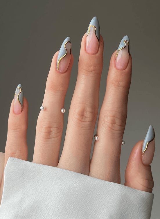 Abstract Gold Lines Gray Tips Long Stiletto Nails, Glossy Abstract Gold Lines Gray Tips Long Stiletto Nails, Glossy — Unique Nails