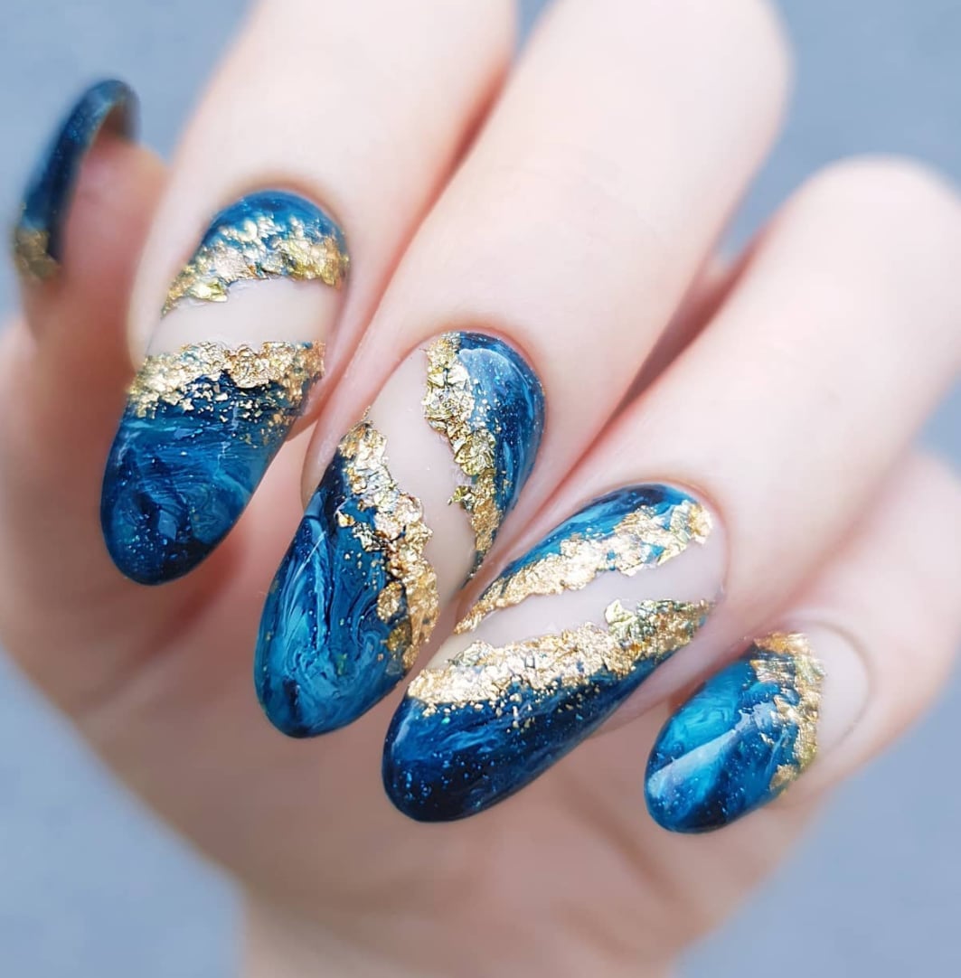 Blue Marble Gold Foil Medium Almond Nails Blue Marble Gold Foil Medium Almond Nails — Unique Nails