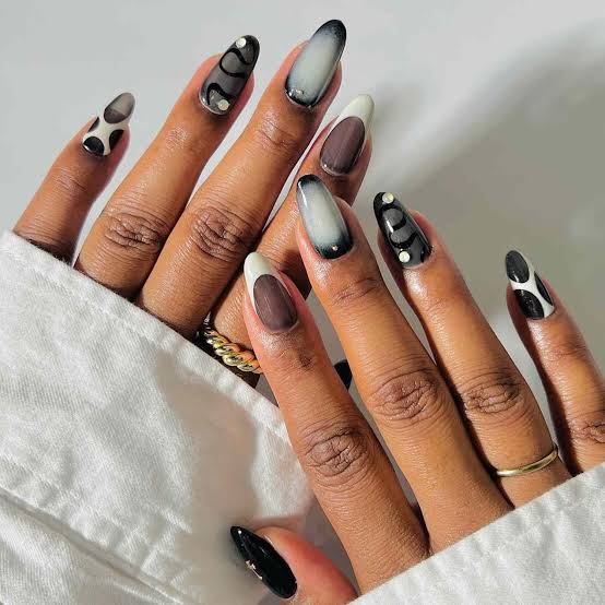 Abstract French Tips Dots Medium Almond Nails Abstract French Tips Dots Medium Almond Nails — Unique Nails