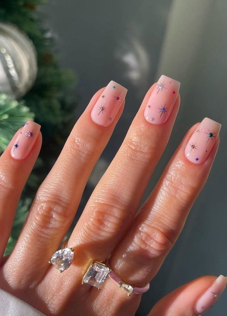 Milky Pink Star Outline Rhinestone Soft Square Nails Milky Pink Star Outline Rhinestone Soft Square Nails — Unique Nails
