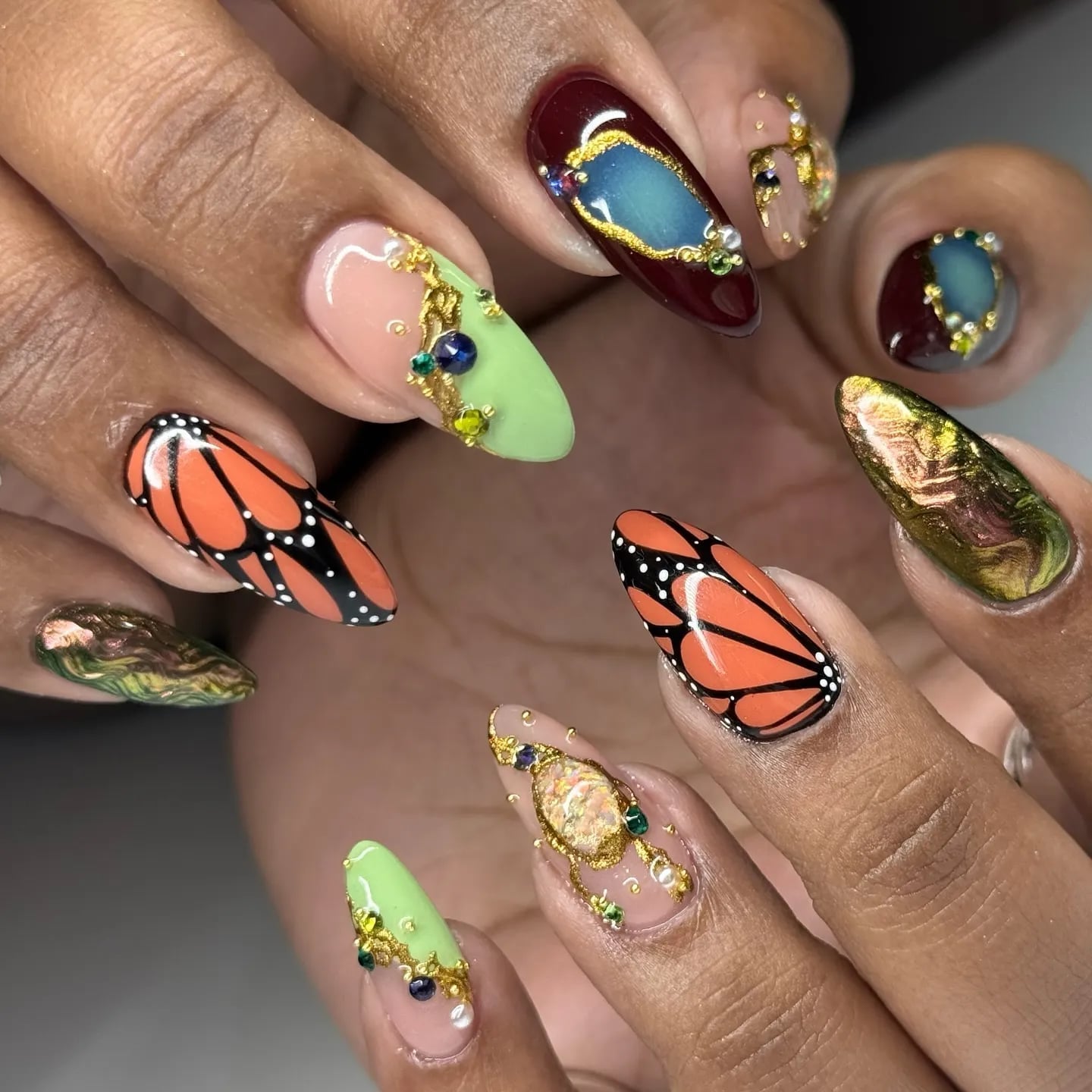 Monarch Butterfly and Jewel Embellished Long Almond Nails Monarch Butterfly and Jewel Embellished Long Almond Nails — Unique Nails