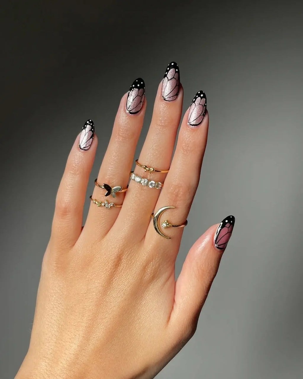 Butterfly Design Pink Silver Medium Almond Nails Butterfly Design Pink Silver Medium Almond Nails — Unique Nails