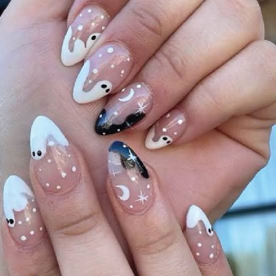 Halloween Ghosts Moons Short Almond Nails Halloween Ghosts Moons Short Almond Nails — Unique Nails
