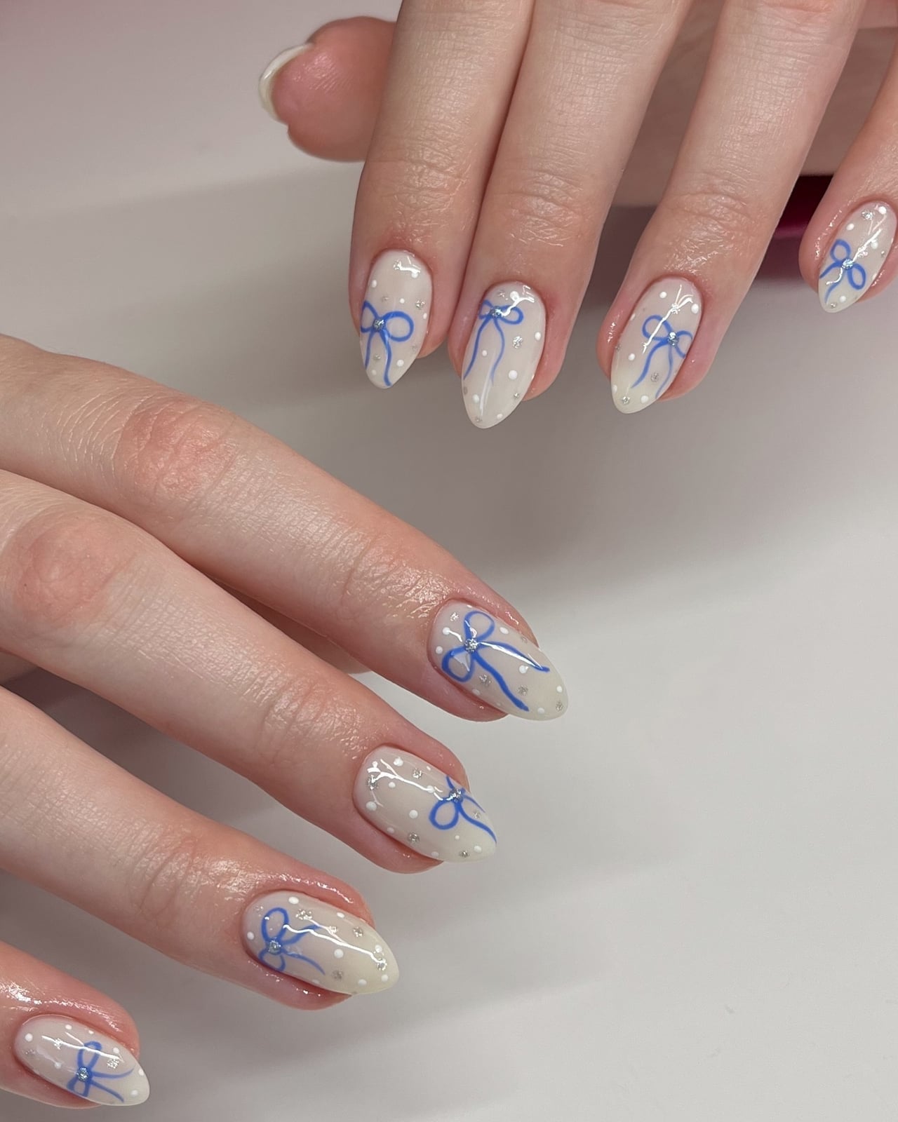 Blue Bows Polka Dots Small Rhinestones Short Almond Nails Blue Bows Polka Dots Small Rhinestones Short Almond Nails — Unique Nails