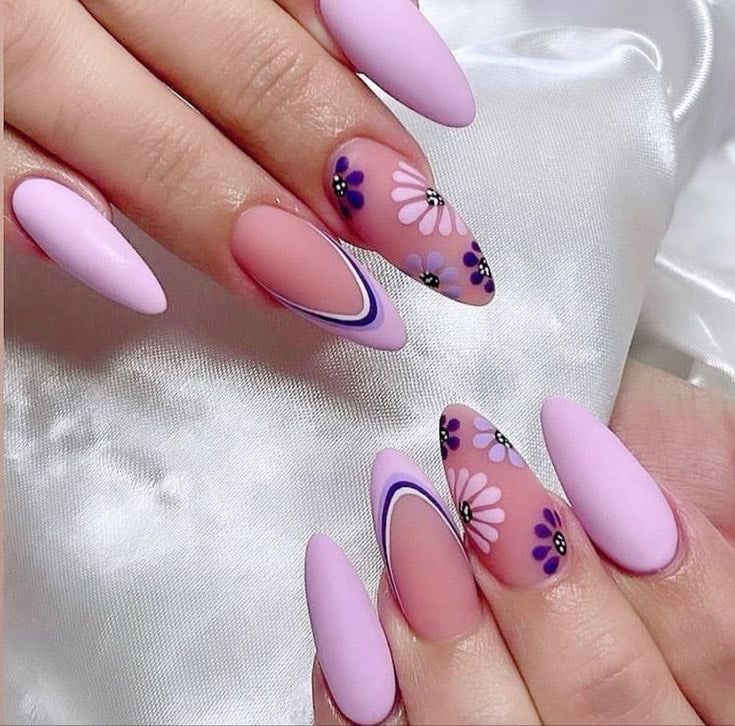 Matte Lilac Floral French Tip Short Almond Nails Matte Lilac Floral French Tip Short Almond Nails — Unique Nails