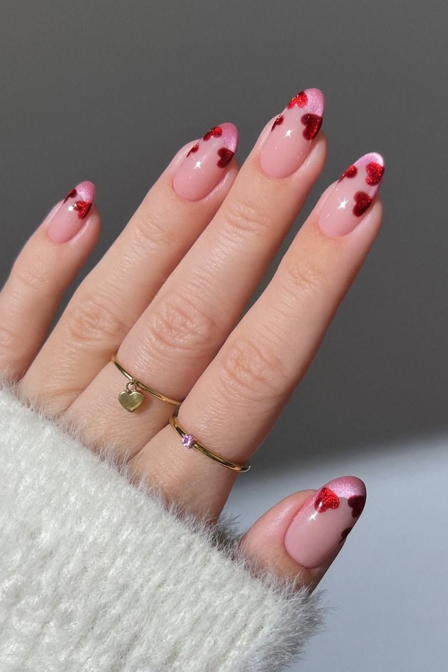 Red Glitter Hearts Romantic Long Almond Nails Red Glitter Hearts Romantic Long Almond Nails — Unique Nails