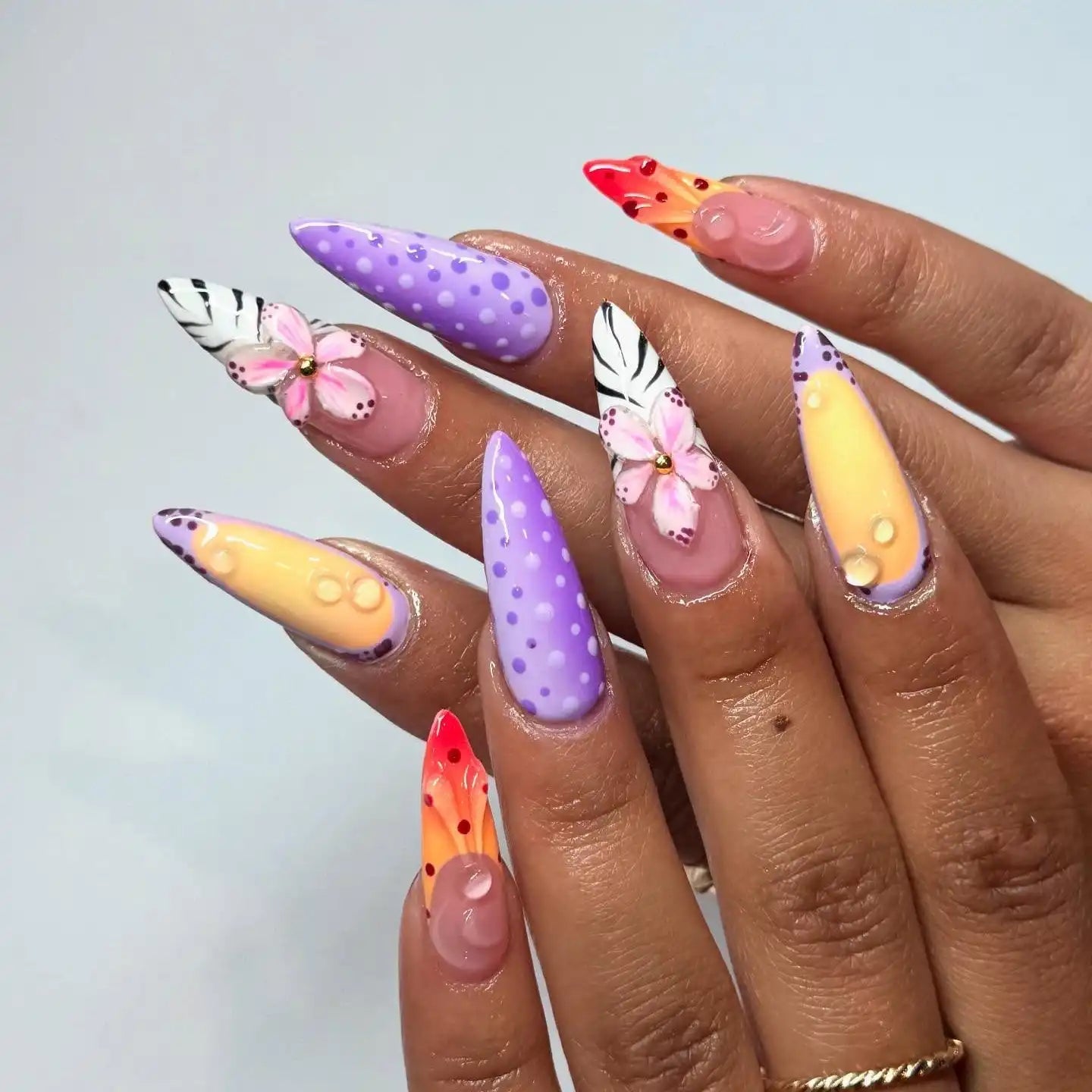 3D Flowers Polka Dots Ombre Extra Long Stiletto Nails 3D Flowers Polka Dots Ombre Extra Long Stiletto Nails — Unique Nails