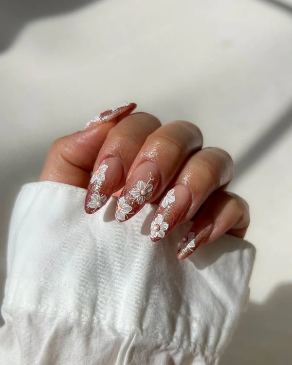 3D Floral Pearls Gold Foil Long Almond Wedding Nails 3D Floral Pearls Gold Foil Long Almond Wedding Nails — Unique Nails