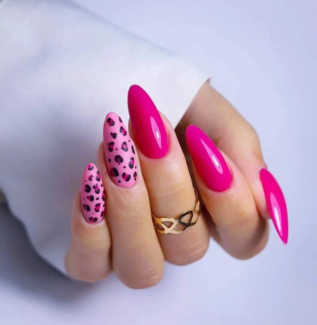 Vibrant Hot Pink Black Leopard Long Almond Nails Vibrant Hot Pink Black Leopard Long Almond Nails — Unique Nails
