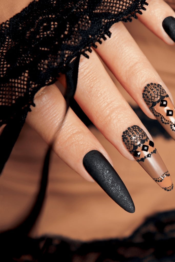 Matte Black Lace Inspired Long Stiletto Nails Matte Black Lace Inspired Long Stiletto Nails — Unique Nails