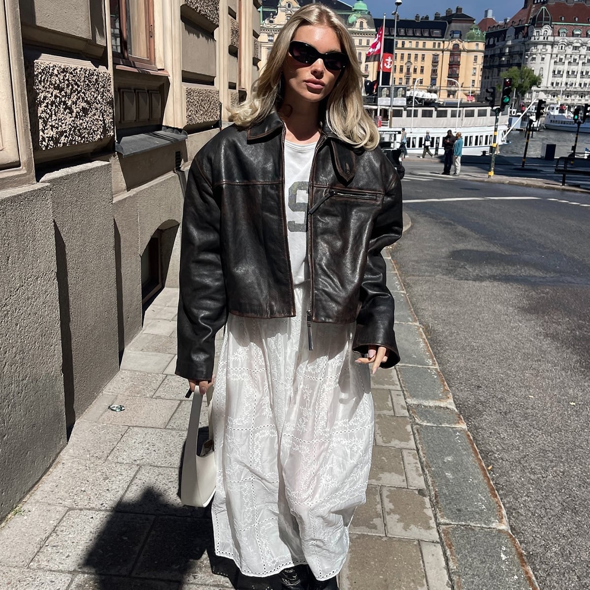 Distressed Leather Jacket Over Eyelet Lace Maxi Dress Distressed Leather Jacket Over Eyelet Lace Maxi Dress — Unique Outfits