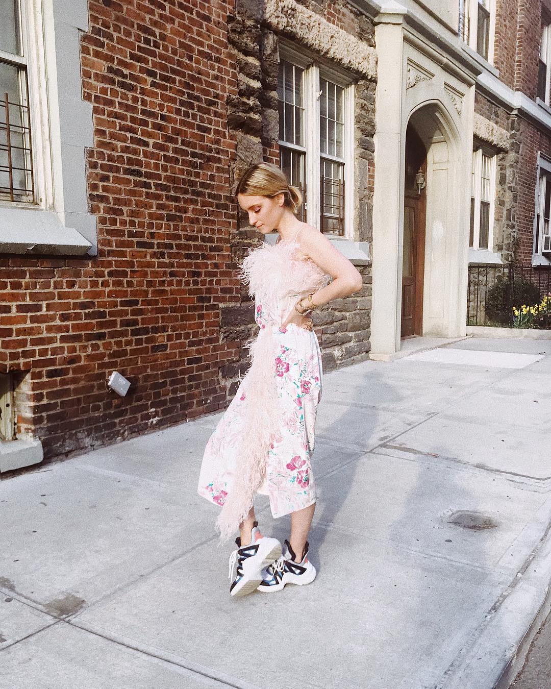 Floral Dress with Feather Trim and Sneakers Floral Dress with Feather Trim and Sneakers — Unique Outfits