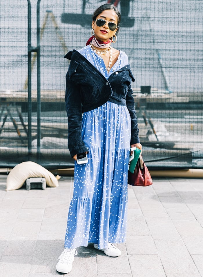 Denim Jacket Over Polka Dot Dress with Scarf Denim Jacket Over Polka Dot Dress with Scarf — Unique Outfits