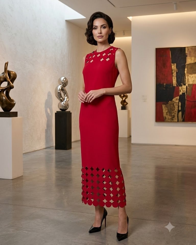 Red Midi Dress with Geometric Laser-Cut Details Red Midi Dress with Geometric Laser-Cut Details — Unique Outfits