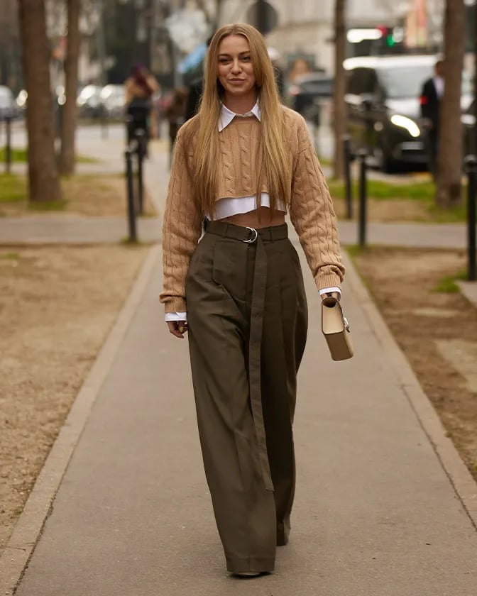 Cropped Cable Knit Sweater with Olive Green Trousers Cropped Cable Knit Sweater with Olive Green Trousers — Unique Outfits