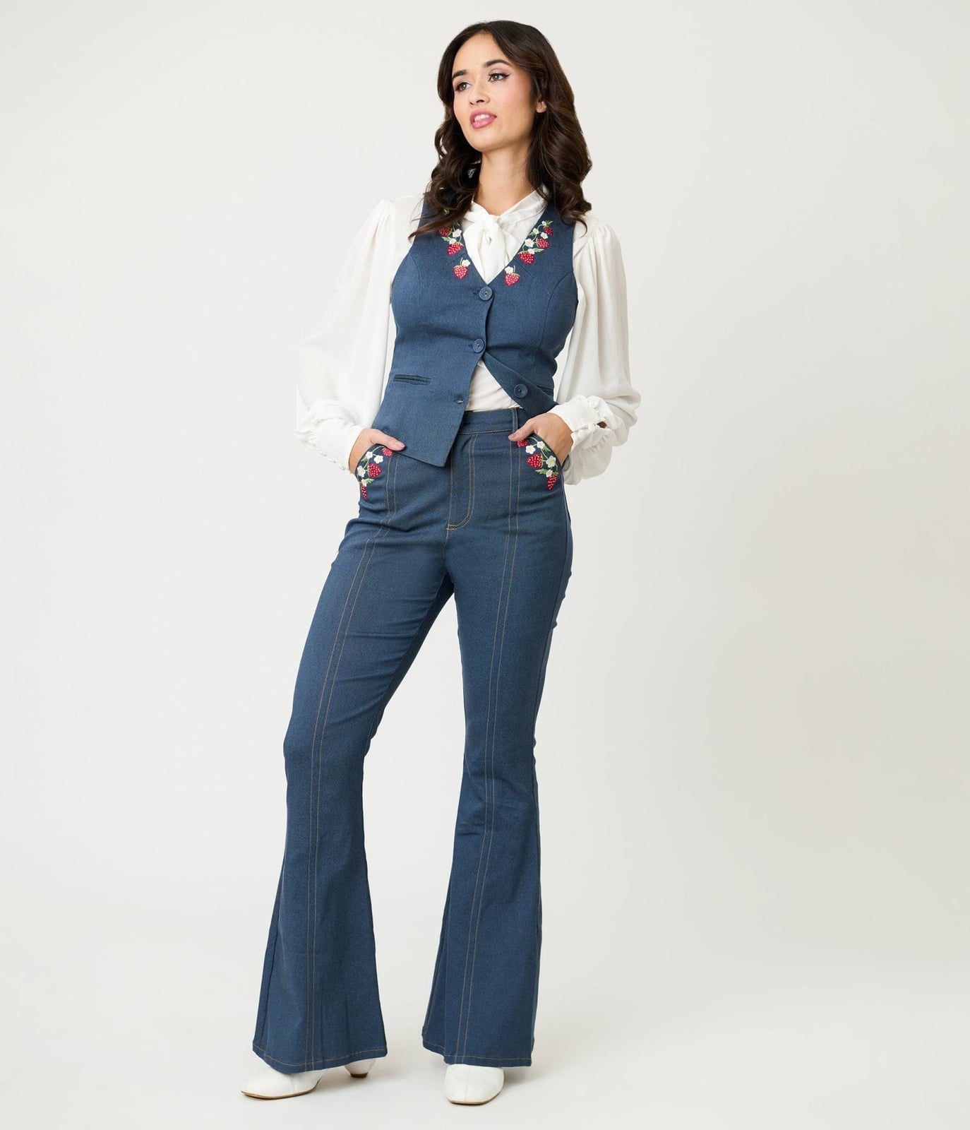 Denim Vest and Flare Pants with Strawberry Embroidery Denim Vest and Flare Pants with Strawberry Embroidery — Unique Outfits