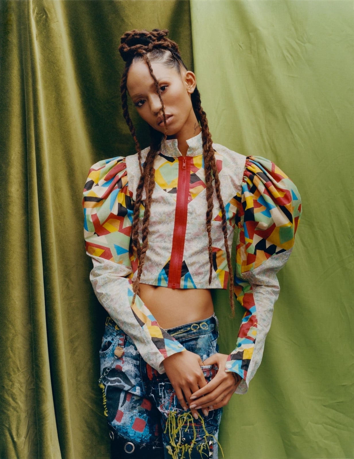 Geometric Print Cropped Jacket with Puff Sleeves Geometric Print Cropped Jacket with Puff Sleeves — Unique Outfits