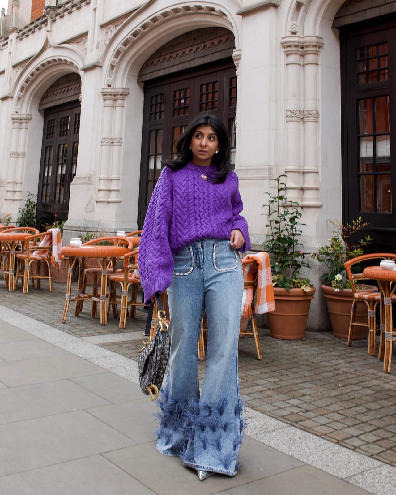 Purple Cable Knit Sweater with Feather Trim Jeans Purple Cable Knit Sweater with Feather Trim Jeans — Unique Outfits