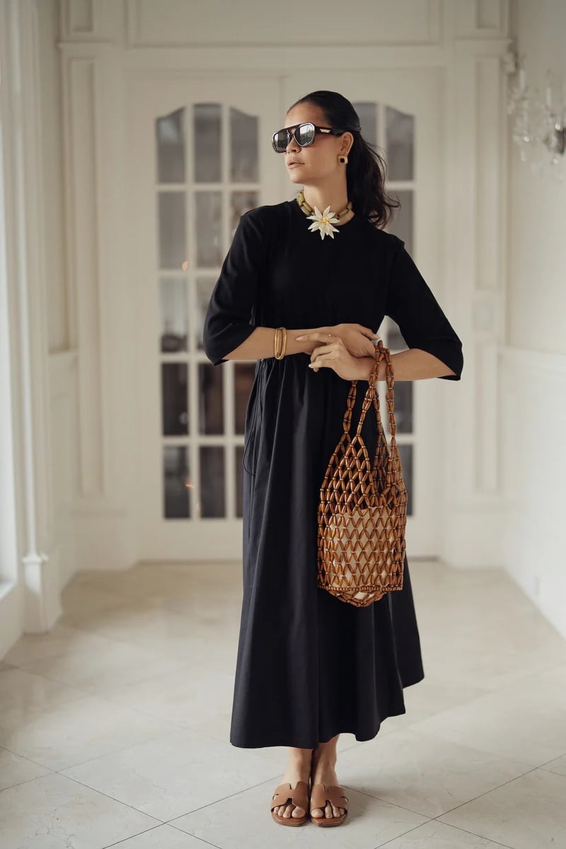 Black A-line Midi Dress with Statement Necklace Black A-line Midi Dress with Statement Necklace — Unique Outfits