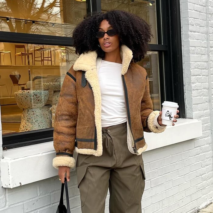 Shearling Jacket Over White T-shirt and Cargo Pants Shearling Jacket Over White T-shirt and Cargo Pants — Unique Outfits