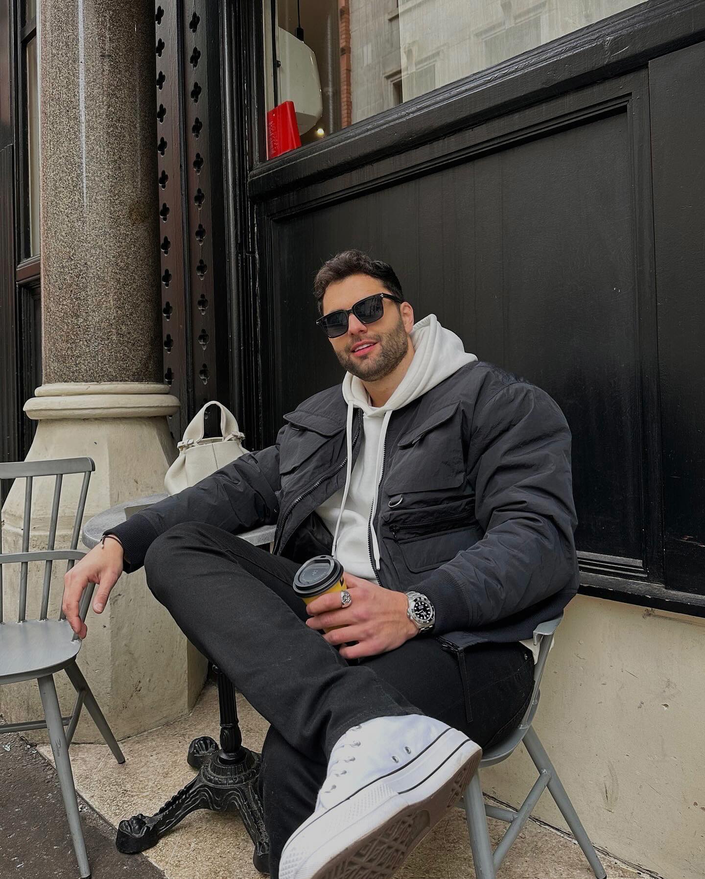 Urban Puffer Jacket With Hoodie And Black Denim