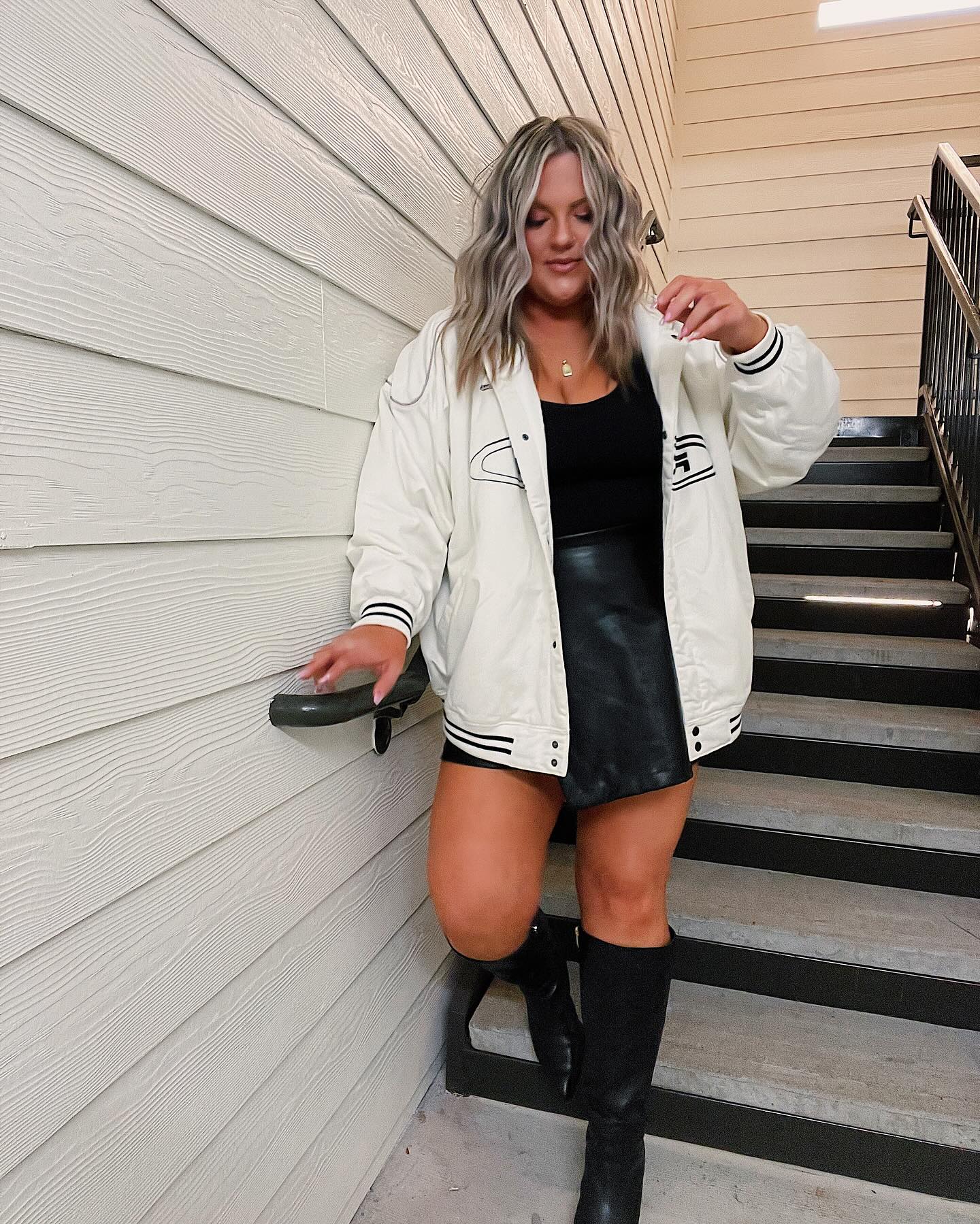 Varsity Bomber Meets Faux Leather Mini Skirt